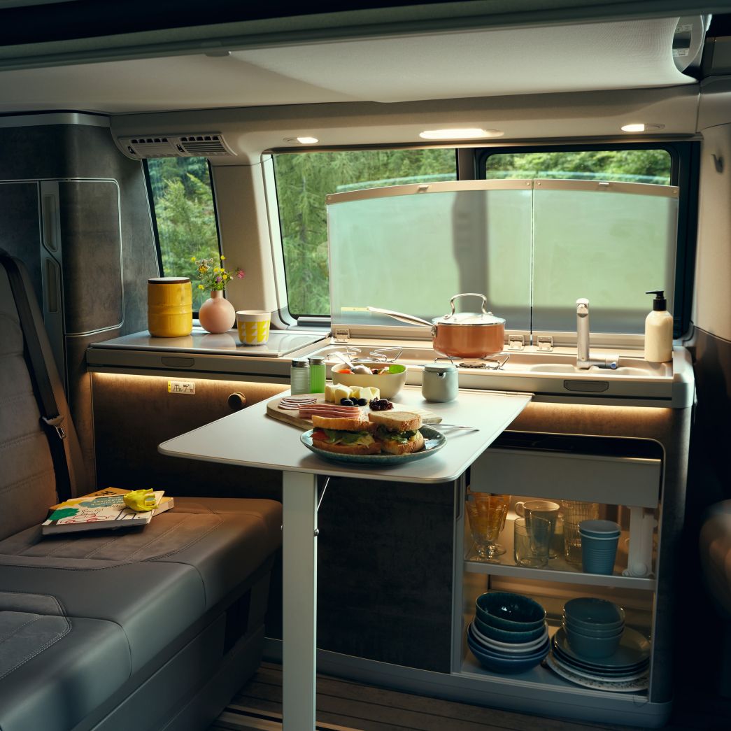 VW California inside table with food