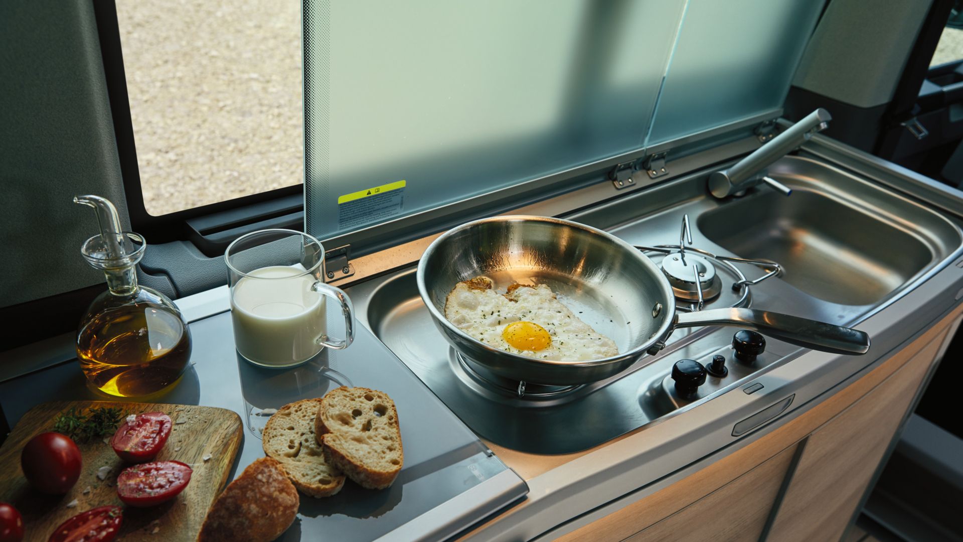 Breakfast preparation in the kitchen of the VW California Ocean