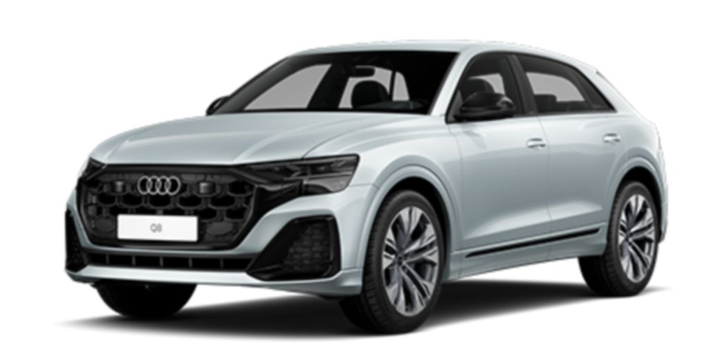 Blue Audi Q8 front and side view