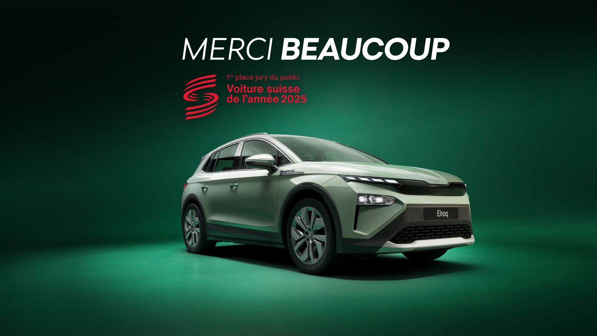 Skoda Elroq vert vue de face et latérale - voiture suisse de l'année 2025