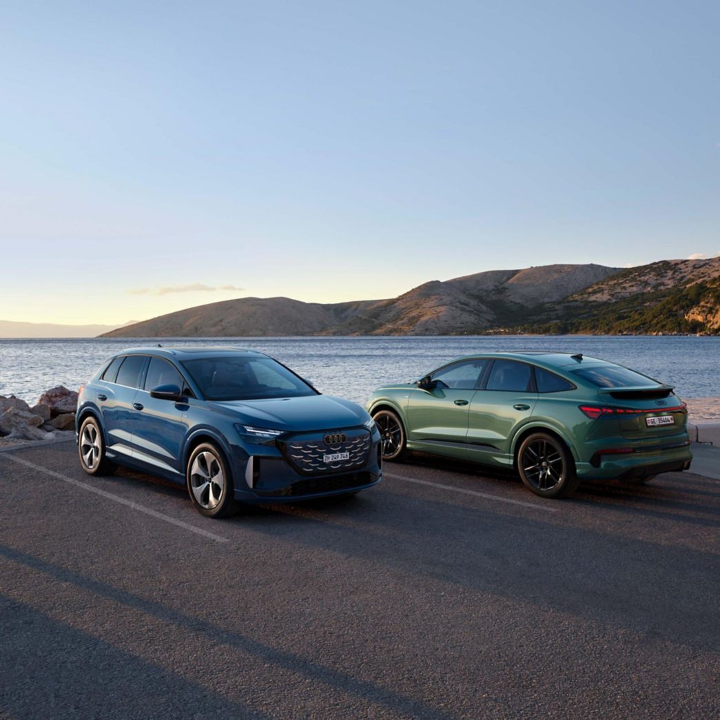 Blauer und grüner Audi Q4 e-tron Seitenansicht