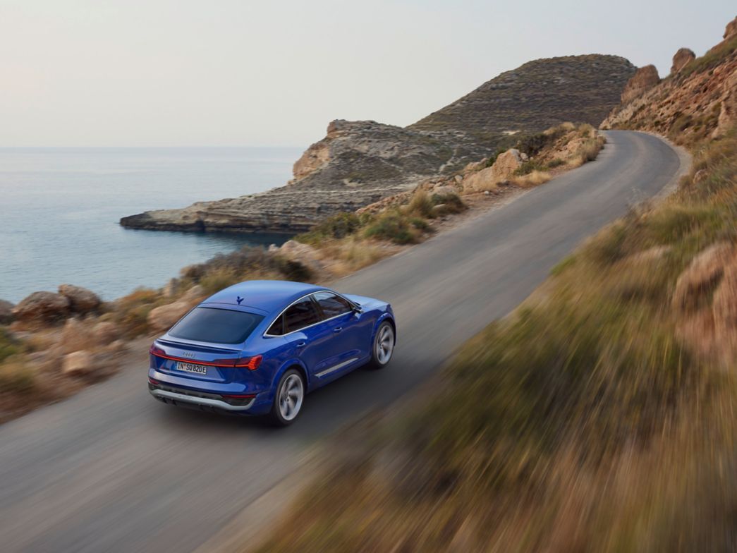 Cockpit dell'Audi Q8 e-tron vista laterale con una donna