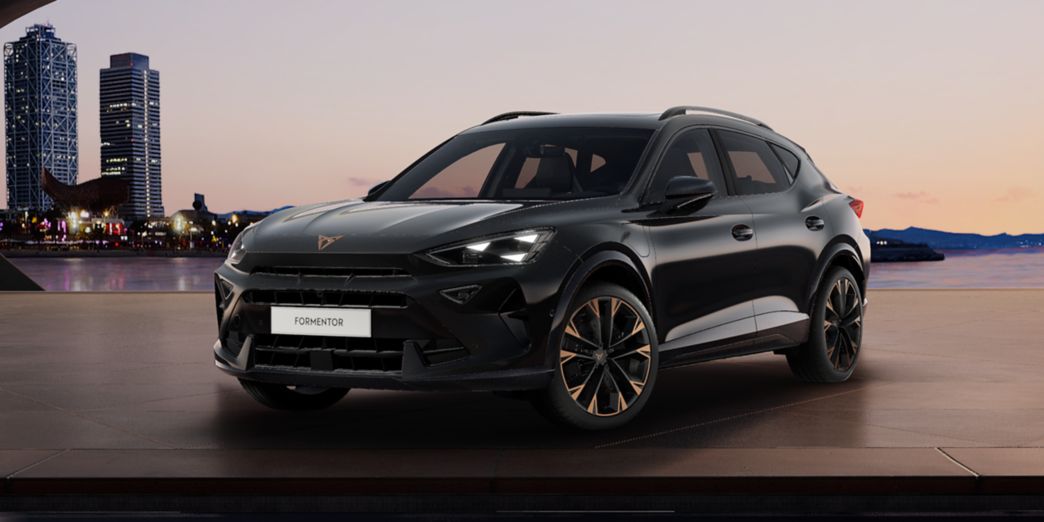 Black CUPRA Formentor front and side view in front of a city