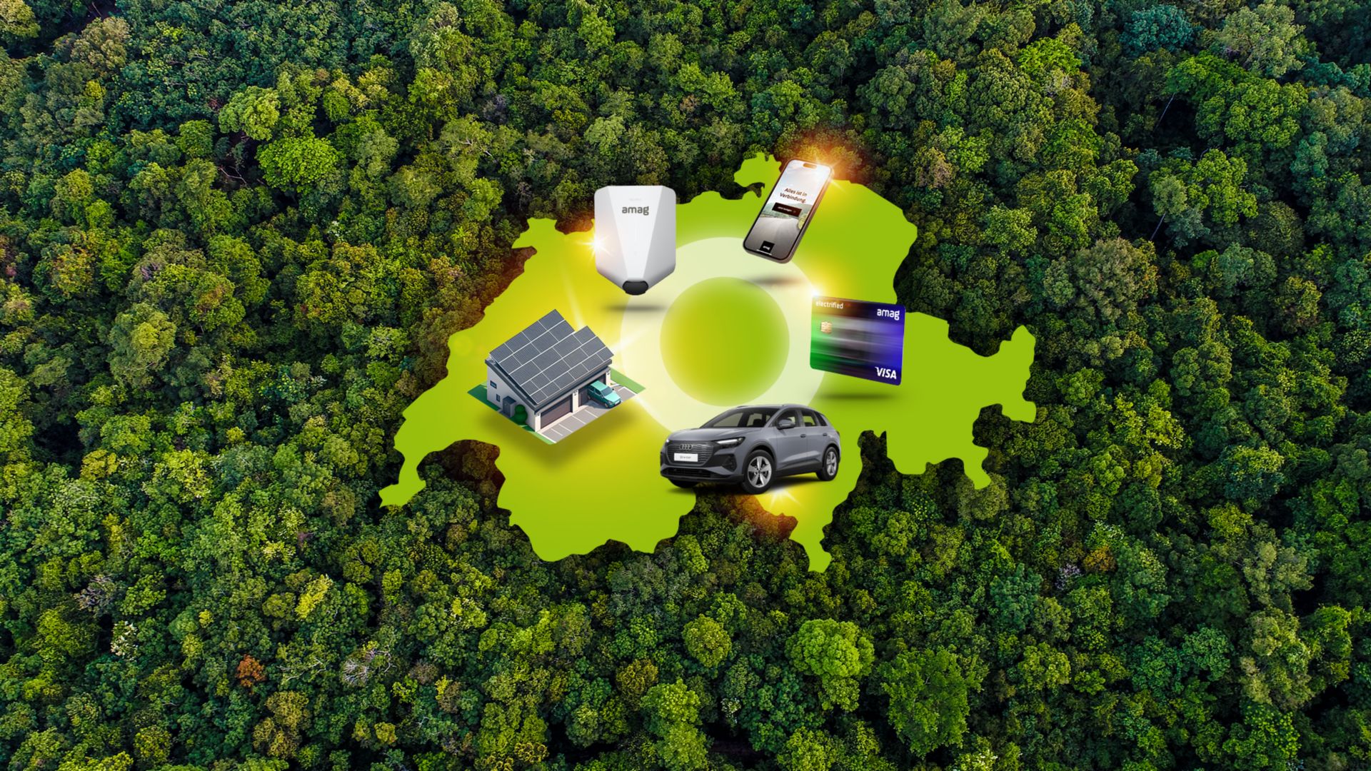 AMAG E-Power dargestellt mit Schweizer Karte, Elektroauto, Solaranlage, Ladekarte und mehr