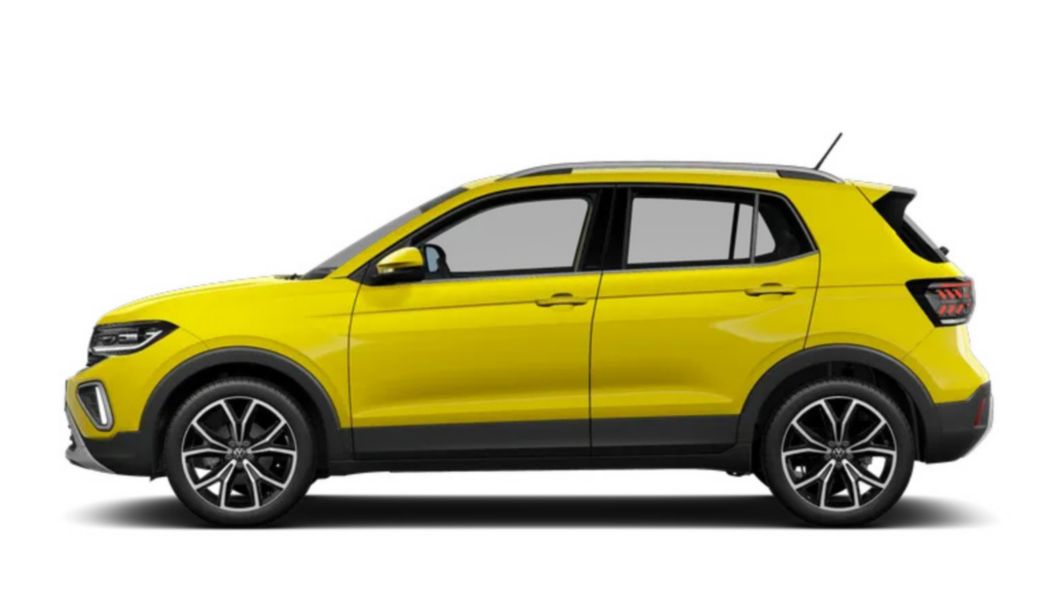 Vista laterale della VW T-Cross giallo