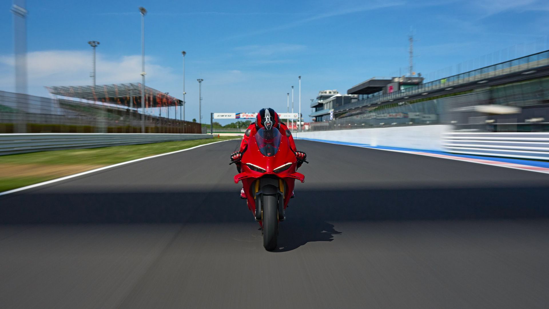 Ducati Panigale V4 on the race track in frontal view